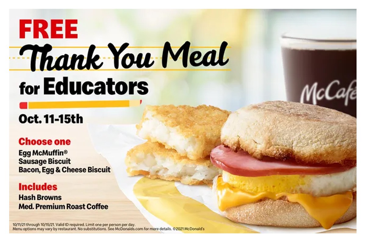 McDonald’s ofrecerá desayuno gratis a los maestros y al personal del 11 al 15 de octubre McDonald’s ofrecerá desayuno gratis a los maestros y al personal del 11 al 15 de octubre
