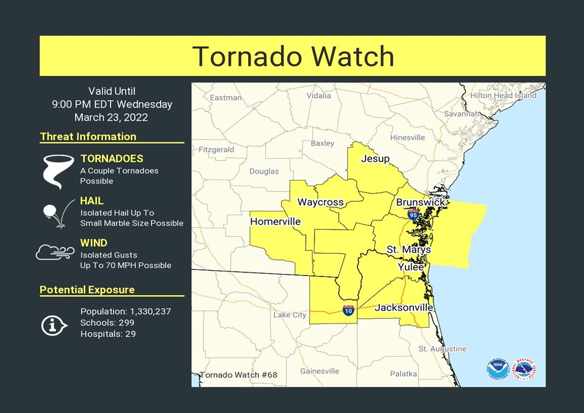 Alerta de tornado vigente hasta las 9 p. m. para los condados de Duval, Nassau y Baker