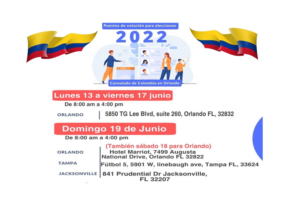 SEGUNDA VUELTA DE LAS ELECCIONES PRESIDENCIALES EN COLOMBIA: PUESTOS DE VOTACIÓN HABILITADOS EN JACKSONVILLE Y TAMPA