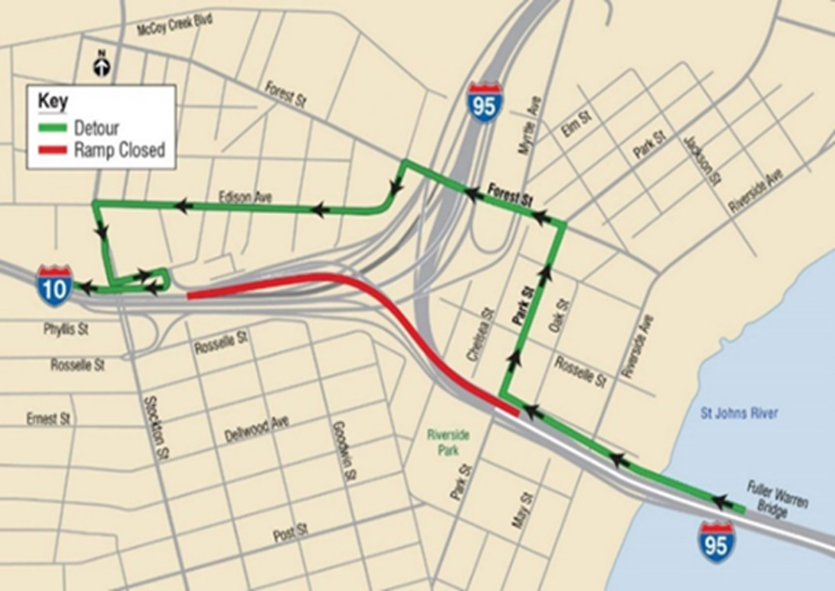 FDOT: Cierre del paso elevado de la I-95 N a la I-10 W esta noche 5 de julio de 10:30 p. m. a 5:30 a. m.