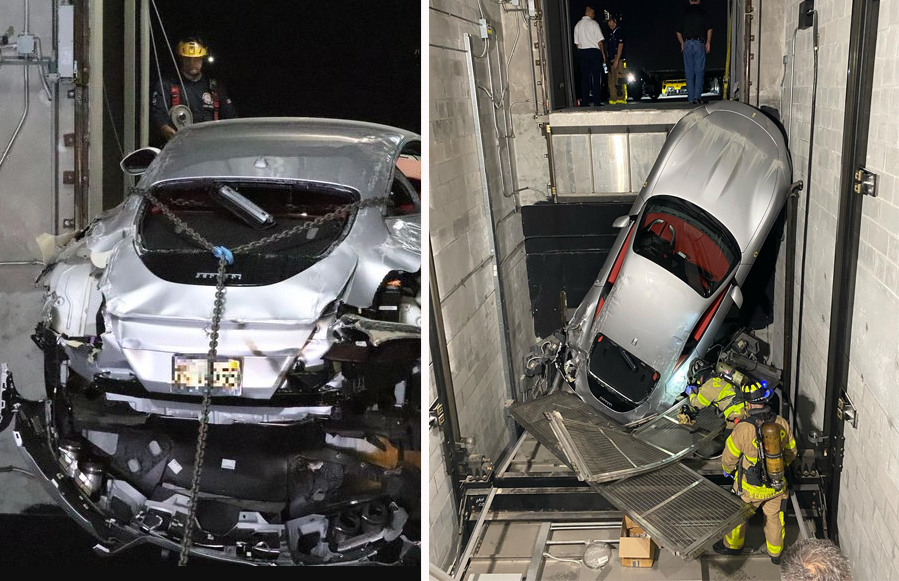 Ferrari queda atascado dentro del hueco del ascensor en un concesionario de automóviles en Palm Beach