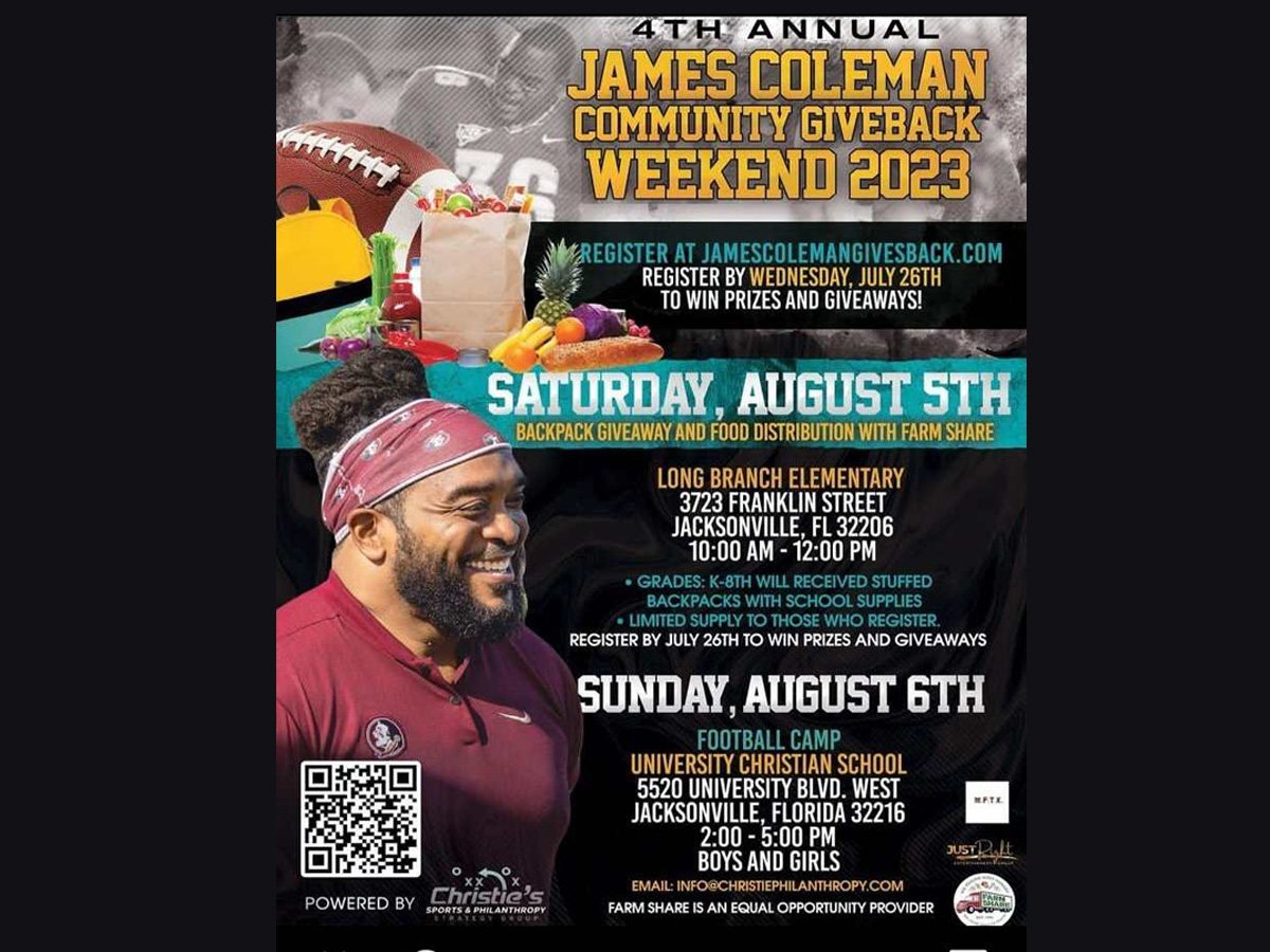 El ex jugador James Coleman obsequiará mochilas, útiles escolares, bolsas de comestibles y una clínica de fútbol este fin de semana El ex jugador James Coleman obsequiará mochilas, útiles escolares, bolsas de comestibles y una clínica de fútbol este fin de semana