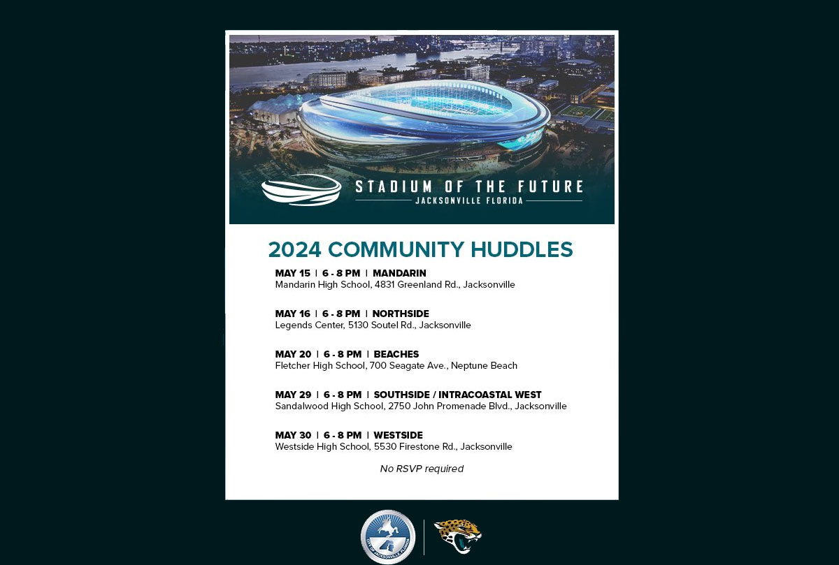 La Ciudad de Jacksonvilley los Jaguars organizarán cinco reuniones comunitarias sobre el Estadio del Futuro La Ciudad de Jacksonvilley los Jaguars organizarán cinco reuniones comunitarias sobre el Estadio del Futuro