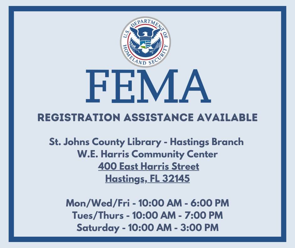 La asistencia individual de FEMA está disponible para residentes del condado de St. Johns afectados por el huracán Milton La asistencia individual de FEMA está disponible para residentes del condado de St. Johns afectados por el huracán Milton