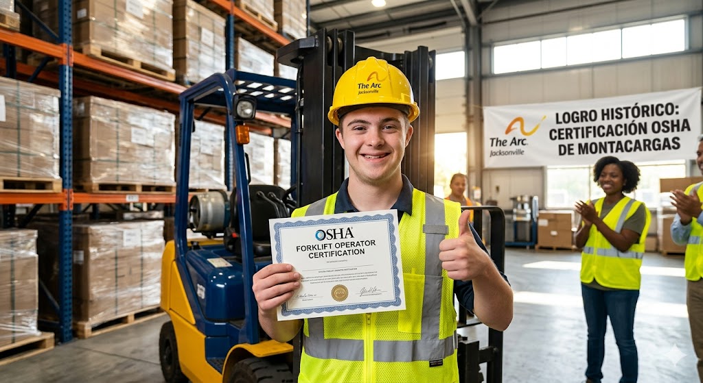 JOVEN DE THE ARC JACKSONVILLE LOGRA HISTÓRICA CERTIFICACIÓN OSHA DE MONTACARGAS