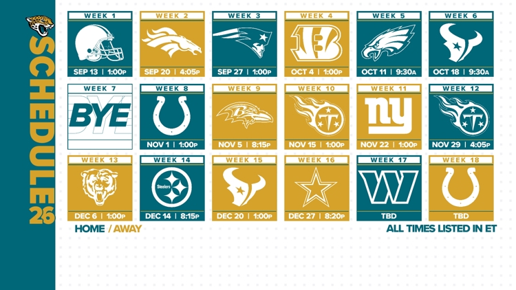 Lanzamiento del calendario | Jacksonville Jaguars anuncian horarios y ubicaciones de juegos para 2026