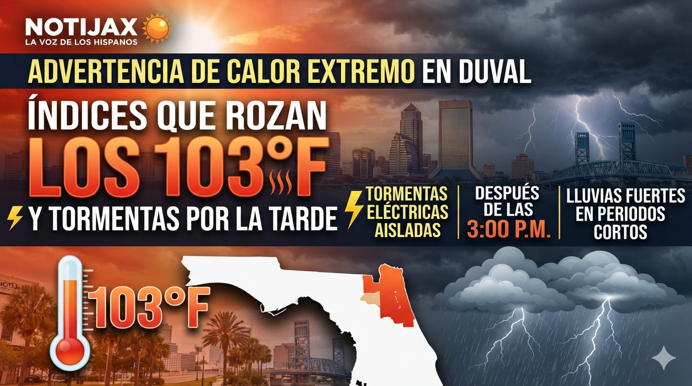 ADVERTENCIA DE CALOR EXTREMO EN DUVAL CON ÍNDICES QUE ROZAN LOS 103 GRADOS Y TORMENTAS POR LA TARDE
