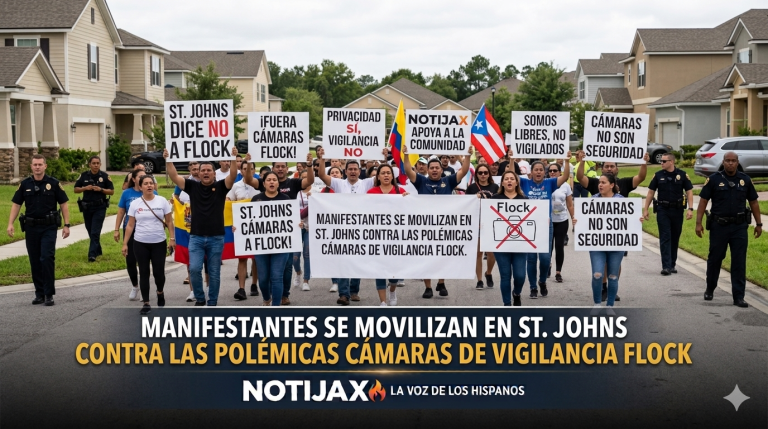 MANIFESTANTES SE MOVILIZAN EN ST. JOHNS CONTRA LAS POLÉMICAS CÁMARAS DE VIGILANCIA FLOCK