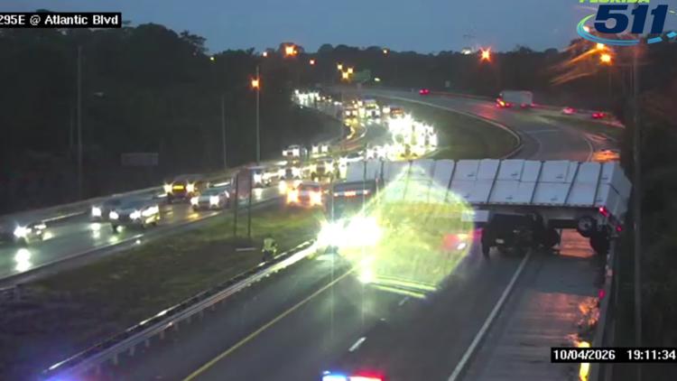 Road reopens after Jackknifed semi-truck blocked I-295 northbound near Atlantic Boulevard Road reopens after Jackknifed semi-truck blocked I-295 northbound near Atlantic Boulevard